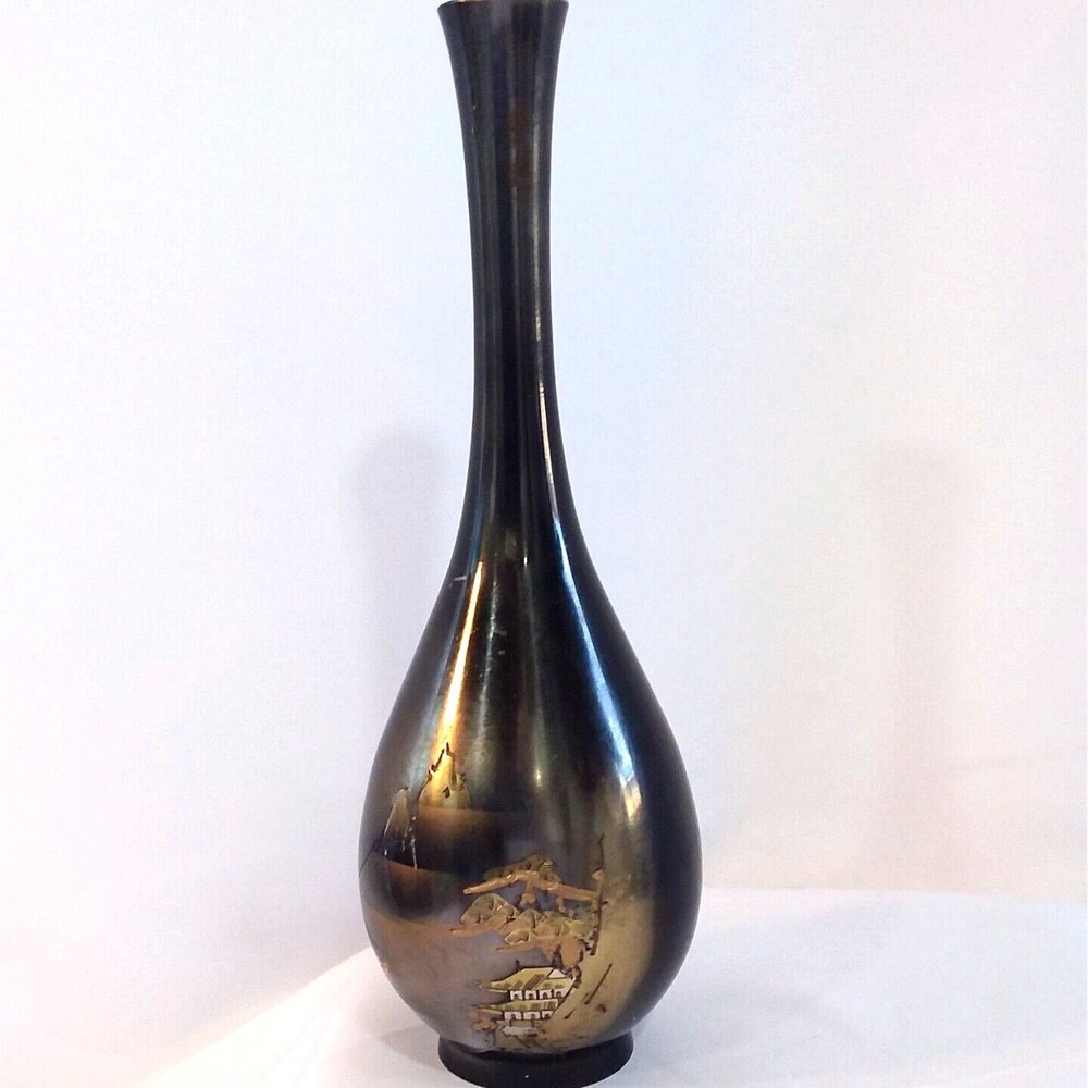 Vintage Japanese Chokin Bronze Brass Etched Metal Bud Vase Fuji Mountain Pagoda